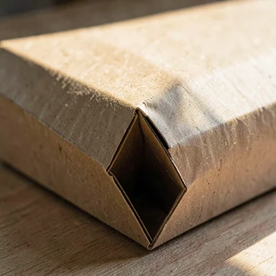 Macro of a folded kraft plant shipping box with crisp accordion sides, raking si