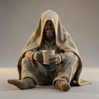 A wanderer sits with the cloak draped over the head and shoulders fully, only gl