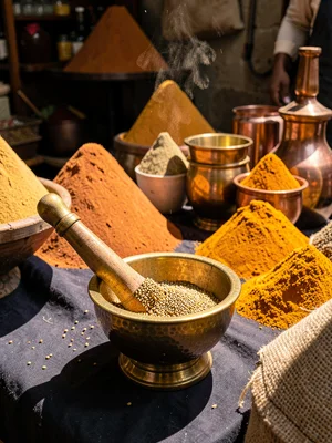 Cumin Seeds Ground in Brass Mortar