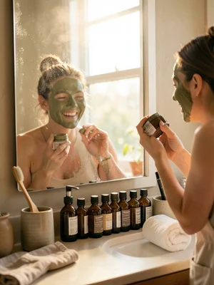 A bathroom mirror reflecting a person mid-skincare routine, their face half-cove