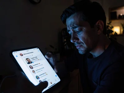 Person looking at ex's social media, screen-lit sadness, 1am, the digital wound-