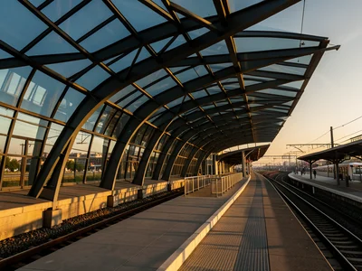 Sleek modern train station platform with curved steel and glass roof