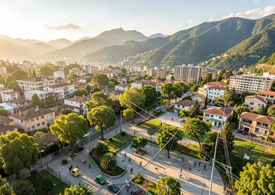 Eternal spring light over transforming Medellín, aerial view of transformed neig