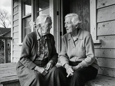 Older couple seated on a farmhouse porch, not posed, caught mid-conversation