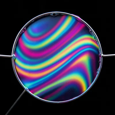 Thin soap film stretched across a circular wire frame, swirling bands of magenta