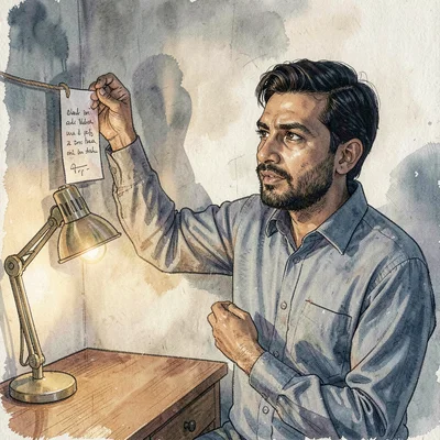 A determined Indian PhD researcher in his thirties pinning notes on a string abo