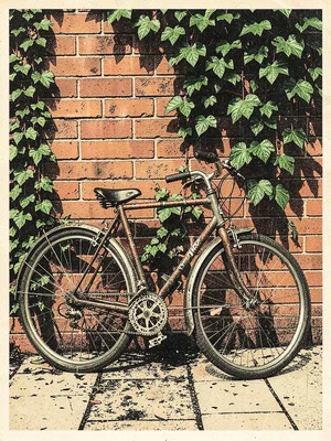 A vintage bicycle leaning against a brick wall with ivy