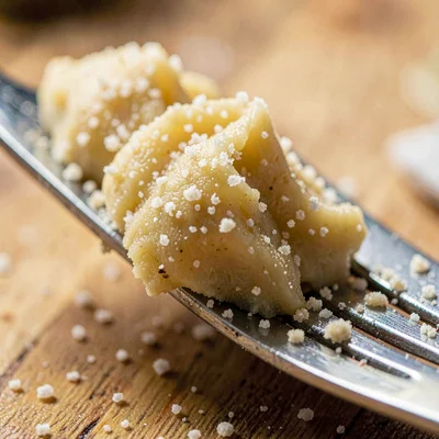 Macro of a fork-pressed gnocchi ridge, semolina dusting