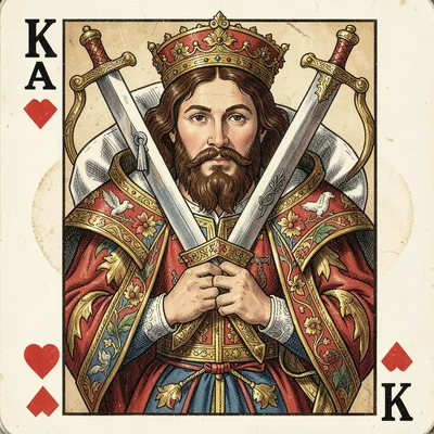 Playing card face illustration, King of Hearts, classic suicide king with sword 