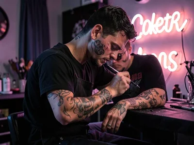 Tattoo artist at work, neon signs behind turning the fresh ink electric, pain ma