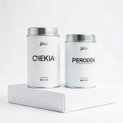 Minimal still of two unbranded canisters at slight offset on a white plinth