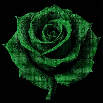 A close-up of a rose bloom in terminal green characters, the spiral of petals im