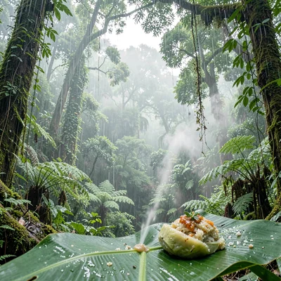 Monteverde cloud forest, filtered canopy light, Fresh gallo pinto served on a ba