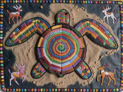 Turtle on sand — shell as concentric geometric rings, flippers spread wide