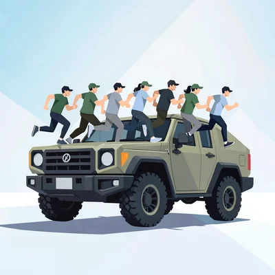 Flat geometric promo banner of the squad running in formation across a chunky ve