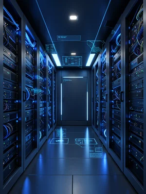 Server room corridor with blue LED rack lights, symmetrical perspective