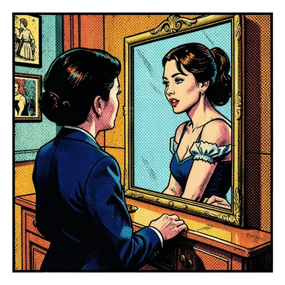 Halftone dot illustration, woman looking in mirror , Ben-Day dots, pop art aesth