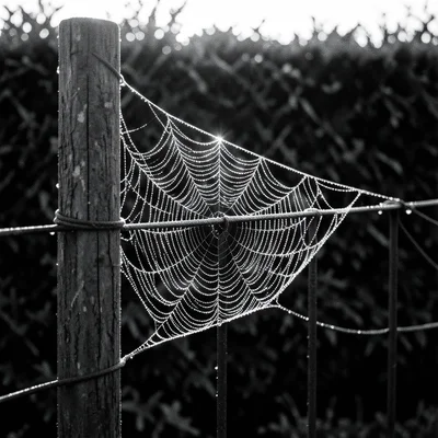 A cobweb between fence posts, each strand beaded with morning dew, backlit to gl