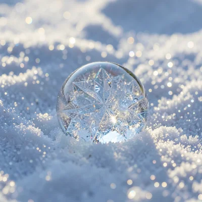 Frozen soap bubble on snow, crystalline surface patterns, macro, morning light