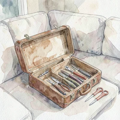 Watercolor 4:5 of a leather tuner's case open on a settee, tools faintly suggest