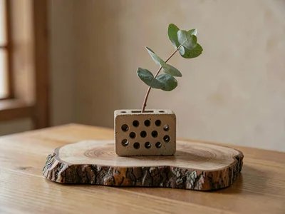 One small ceramic flower brick with multiple holes holding a single eucalyptus s
