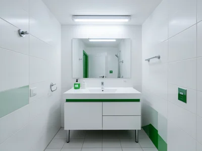 Bathroom in stark white with green accents, symmetrical fixtures, cold fluoresce