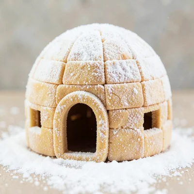 Sugar cube igloo with tiny door and windows, powdered sugar snow around