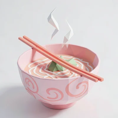 Bowl of faceted ramen with a pink swirl pattern, two coral chopsticks crossed ov