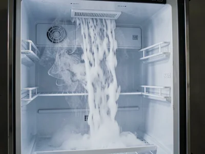 Cold air waterfall visible spilling from open fridge