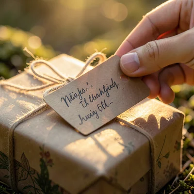 Close-up of gift tag being written in calligraphy, wrapped present beneath