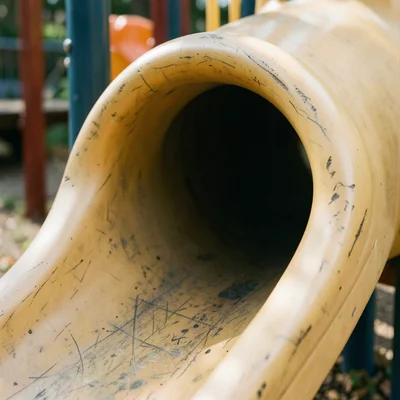 A tunnel slide entrance, the plastic rim worn smooth, scratches from shoes visib