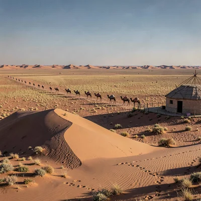 Gobi steppe horizontal, Mongolian vastness, Bactrian camel caravan crossing sand