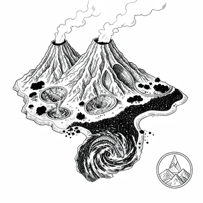 A fictional volcanic-archipelago map with three smoking peaks, lava-tube tunnels