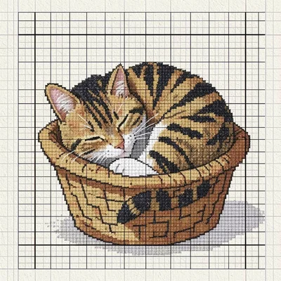 Cross-stitch sleeping cat in basket