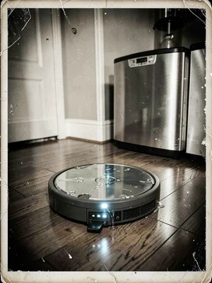 Robot vacuum on hardwood floor, sensors glowing, tintype metallic sheen on moder