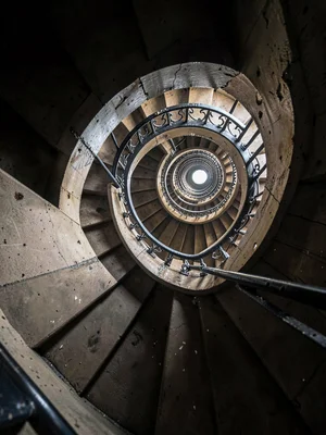 Stairwell spiraling with exaggerated perspective