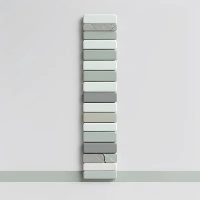 Tall vector tower of stacked metric tiles climbing the frame, sage and stone lay