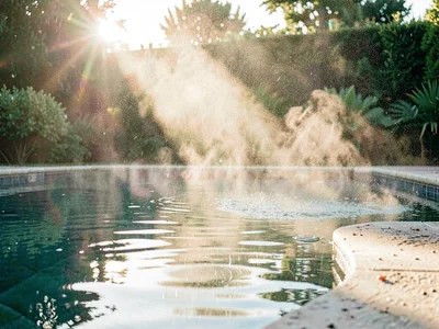 Swimming pool surface steaming in morning, water warmer than air