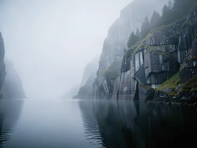 Rock face emerging from mist at water level