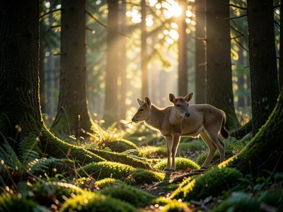 Golden hour light filtering through a dense temperate forest, mossy floor