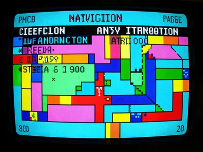 Navigation app as teletext map, route displayed in blocky pixel roads, arrival t