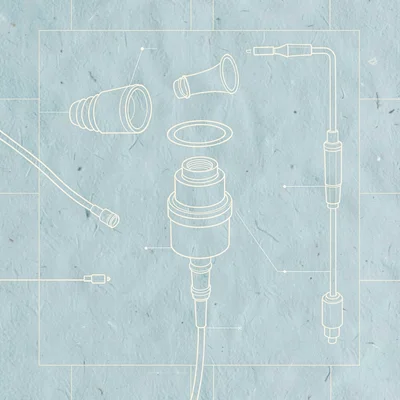 Exploded study of an in-ear monitor with tip, nozzle, driver, and cable arranged