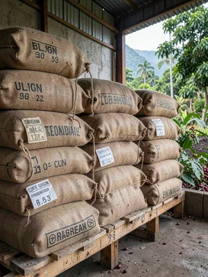 Stacked Burlap Export Sacks with Origin Stamps