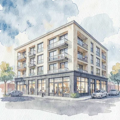 new mixed-use development with ground-floor retail and apartments above