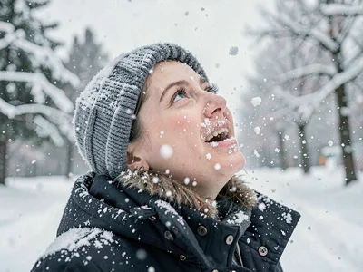 Person looking up, catching snowflakes on face, the wonder of first snow arrivin