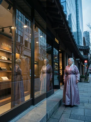 Hanbok woman passing luxury store