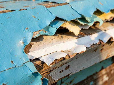Swimming pool paint delamination underwater, blue coating lifting in large sheet