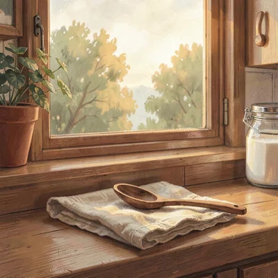 Warm kitchen window scene with a wooden spoon resting on a folded linen towel, h