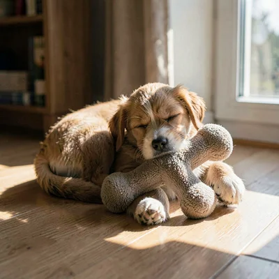 Quiet morning interior of a sleeping pup with a plush bone toy clutched against