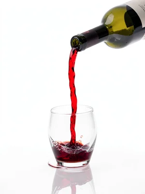 Wine bottle pouring upward into floating glass, red wine stream connecting them